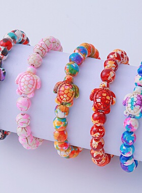 工厂现货跨境饰品松石木珠手链无性别彩色乌龟十字架串珠手串批发