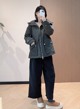 FAB 墨绿工装连帽长款派克羽绒服