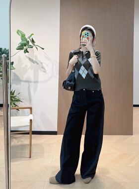 菱格学院风羊绒羊毛针织短袖+黑色阔腿复古牛仔裤