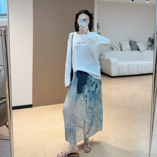 DA中国风水墨画印花小A字型轻薄透气风琴百褶半裙