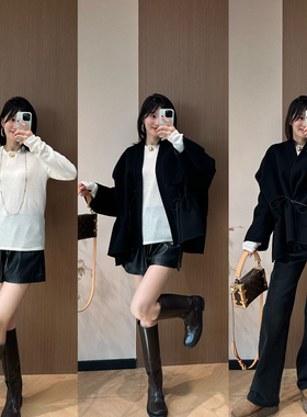 ed/白色上羊绒金属扣针织衫+宽松版东方感收腰双面尼外套大衣