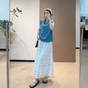 ic抽绳式 牛仔上衣 花边袖 be刺绣花松紧腰半身裙 薄款