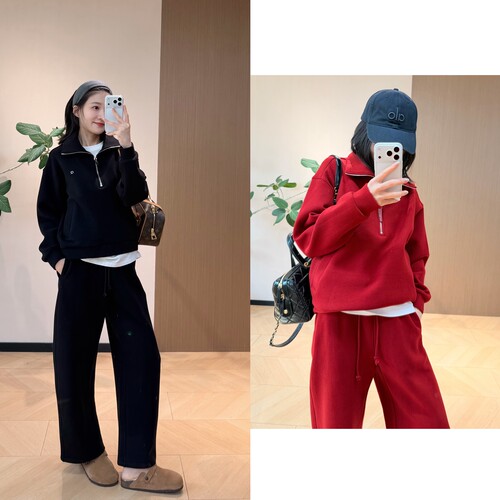 羊毛空气双面绒超细腻半拉链卫衣外套+弯刀裤