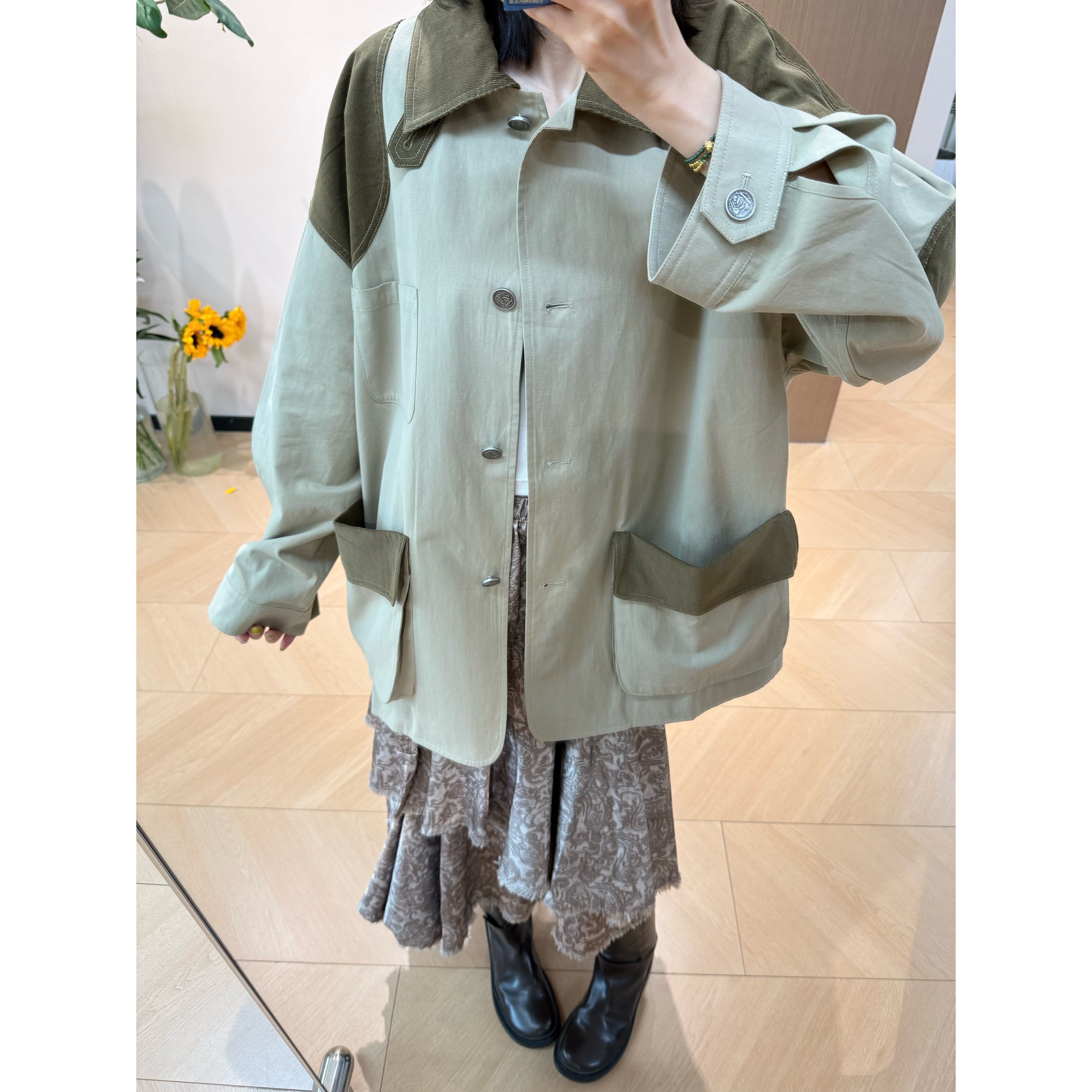 ICE 拼色自然褶皱风格夹克女巴恩风长袖外套
