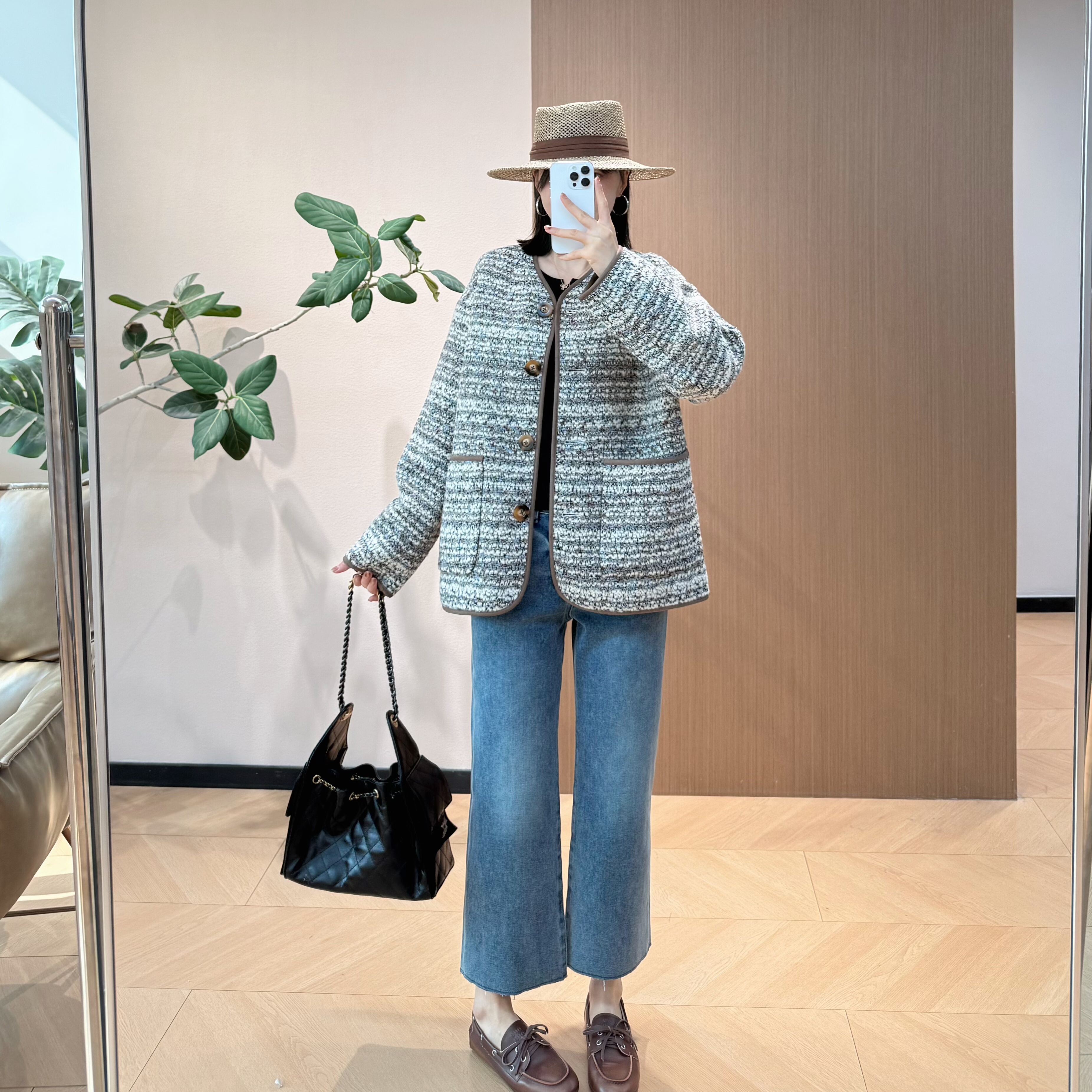 韩剧气质女主 小香风法式粗花呢羊毛V领单排扣宽松外套