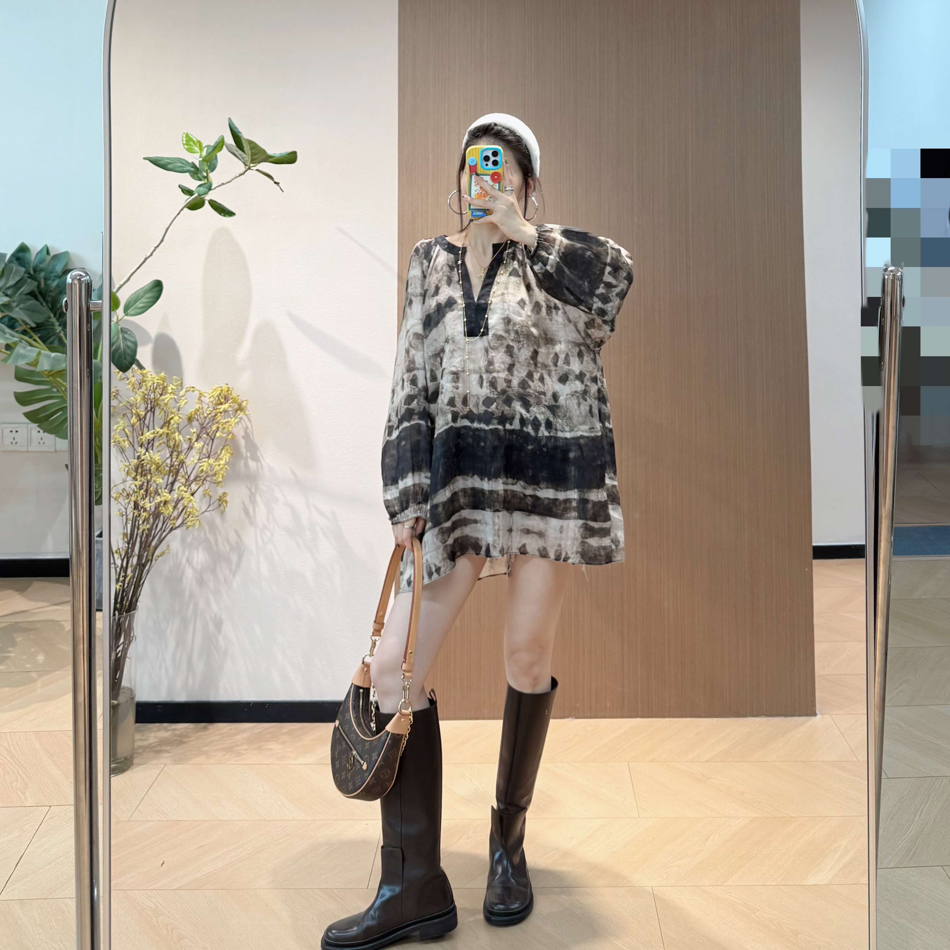 设计师扎染苎麻剪刀领宽松衬衫上衣