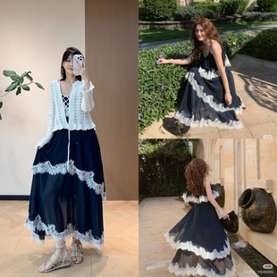 雾蓝蕾丝拼接多层吊带连衣裙+ FAB镂空钩花度假风开衫