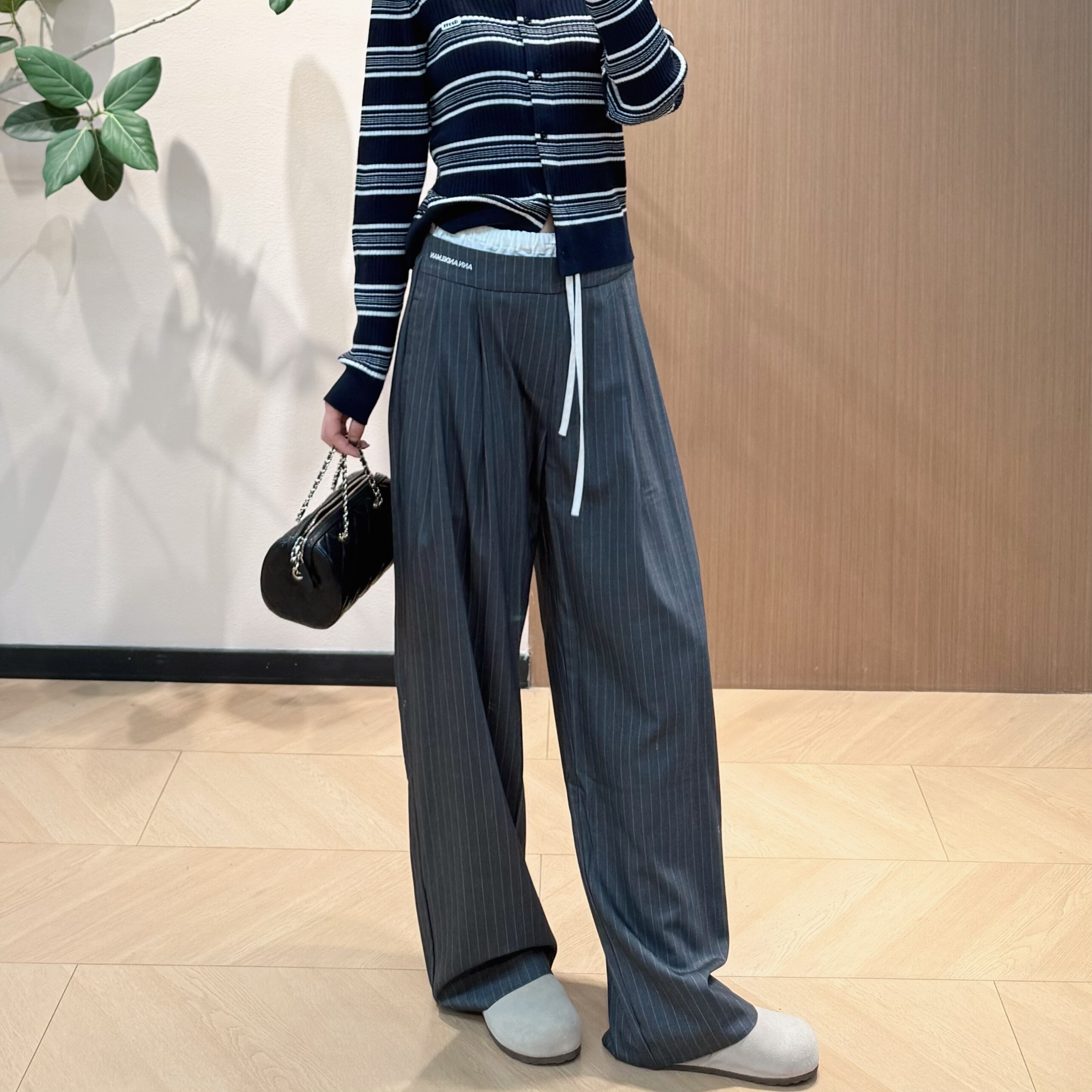 自带长腿滤镜！ann精仿羊毛竖纹阔腿裤西裤