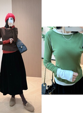 自留推荐 loge* 倪妮同款 不对称设计假两件打底衫 羊毛天丝