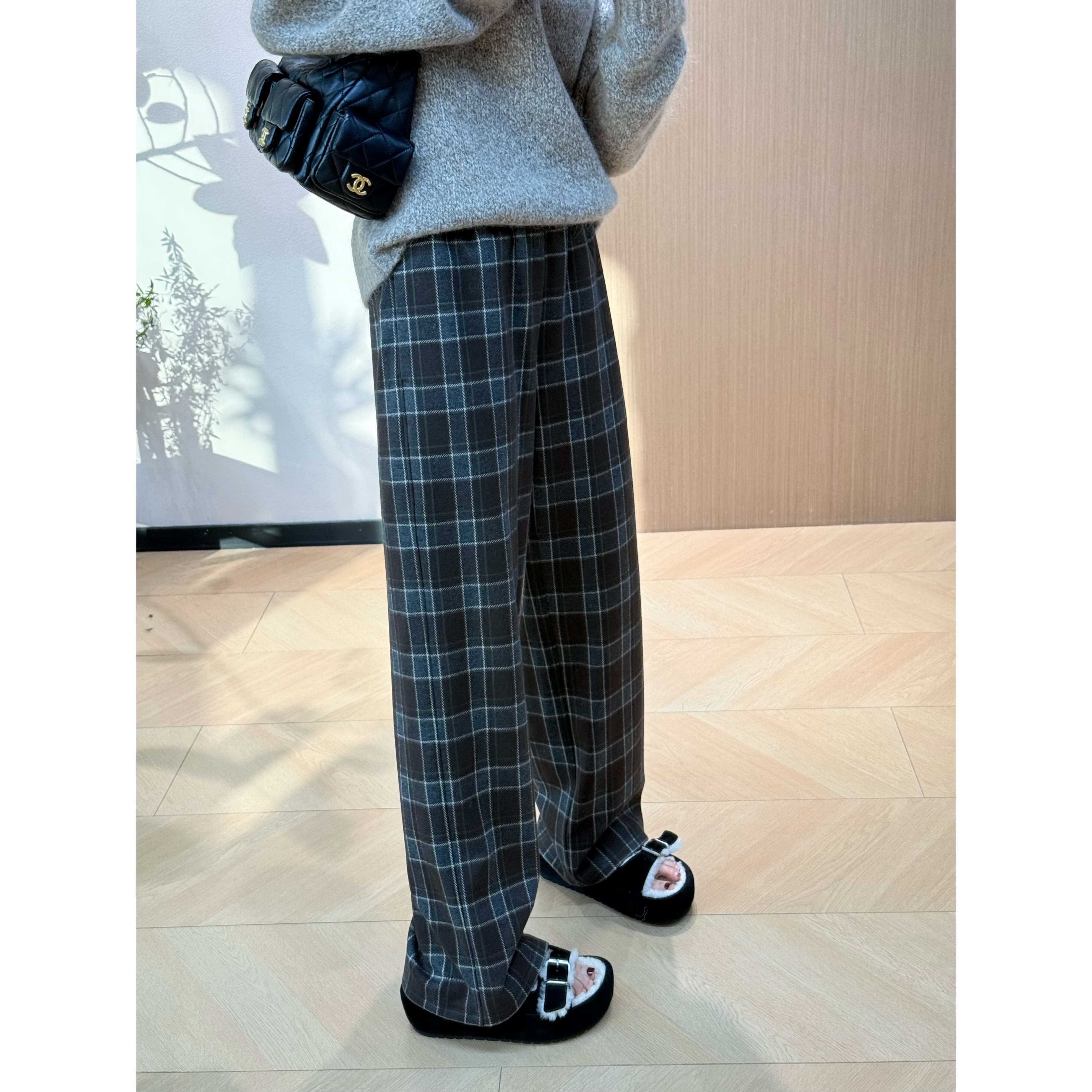 yy经典格纹磨毛裤