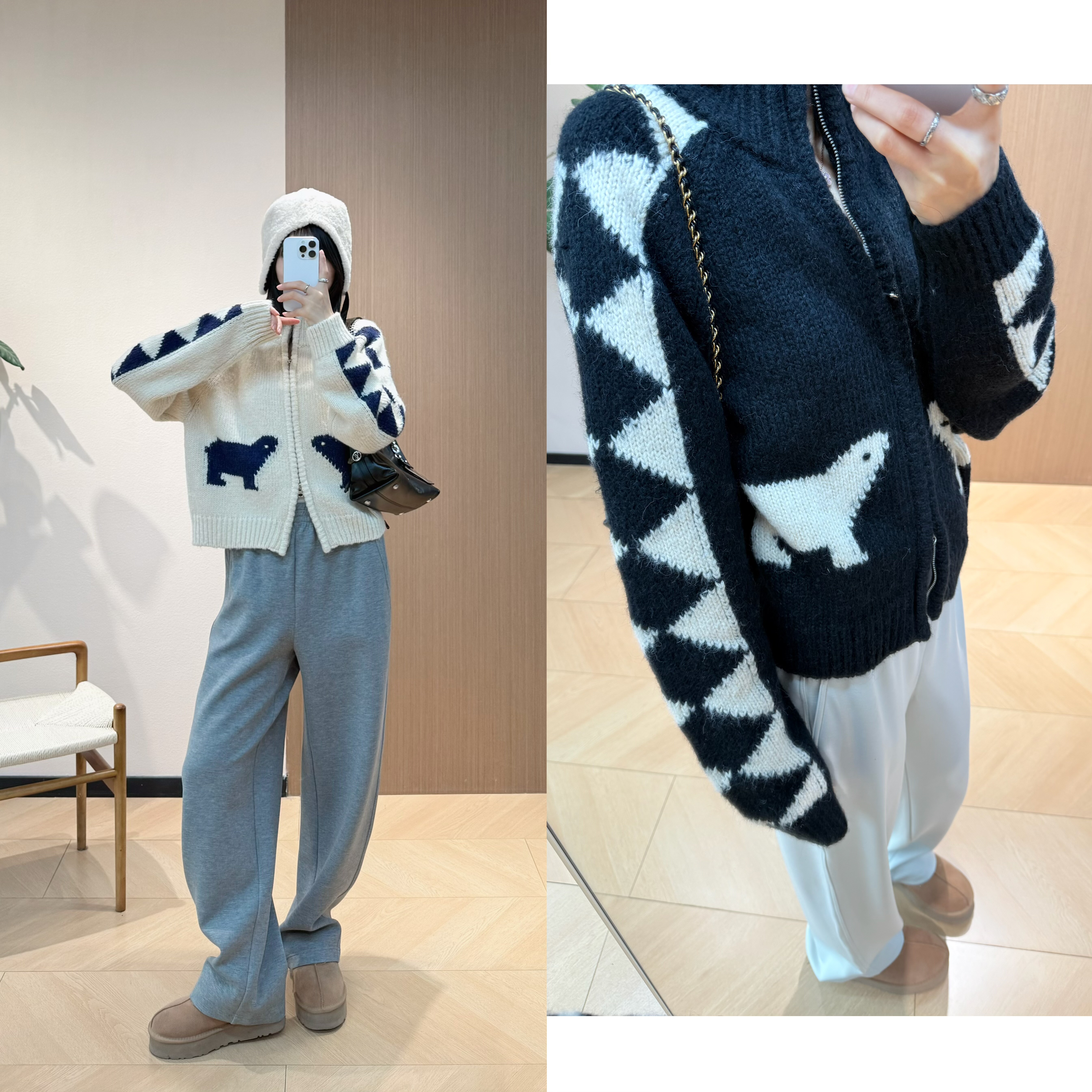 自留 ss 滑雪季可爱趣味北极熊几何菱格纹开衫外套