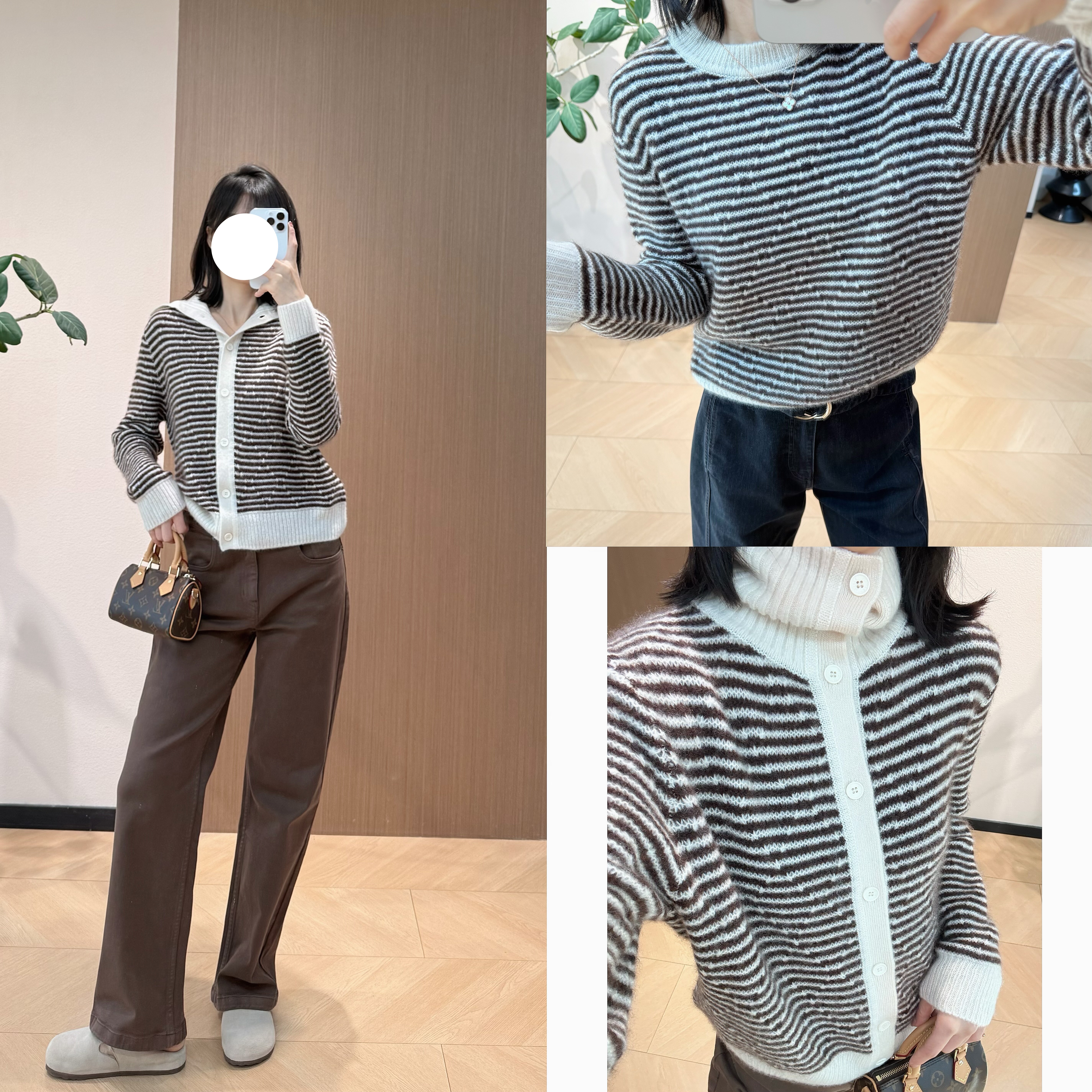 IC 棕白撞色条纹丝羊绒开衫+圆领针织衫+ ic成衣染咖色牛仔裤