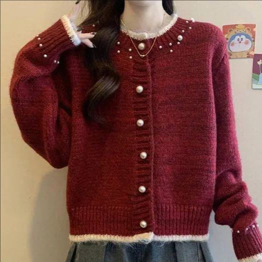 复古纯色圆领针织开衫加厚毛衣女