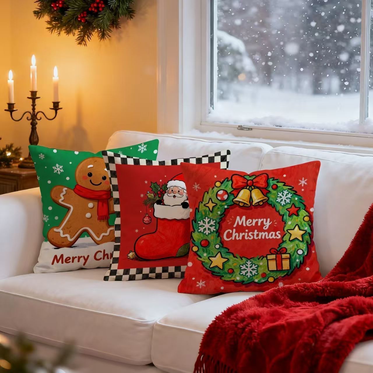 新款圣诞抱枕红色喜庆新年ins靠垫高级感店铺装饰雪花麋鹿靠枕