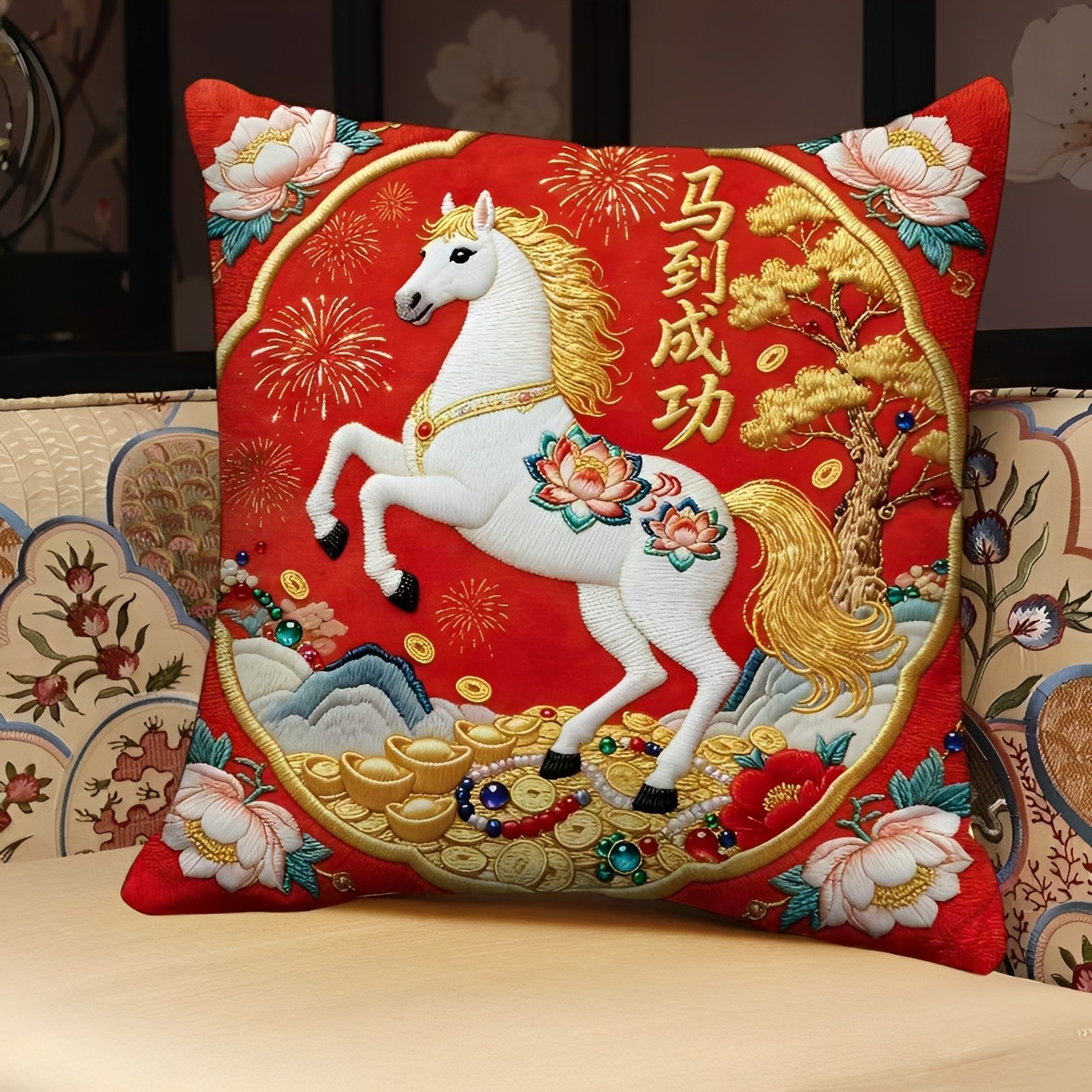 2026马年抱枕马上发财新年装饰靠垫金马送福平面印花沙发靠枕,居家布艺,靠垫/抱枕,淘宝优惠券,粉丝福利购,淘宝优惠卷