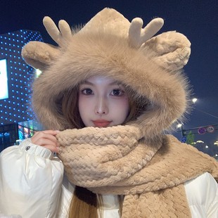 深色帽子女2025新款冬季帽子围巾一体围脖帽子围巾手套三件套秋冬