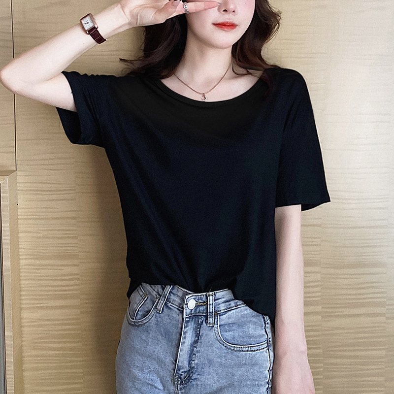 黑色宽松冰丝t恤女短袖莫代尔半袖体桖2025年打底衫春夏新款上衣
