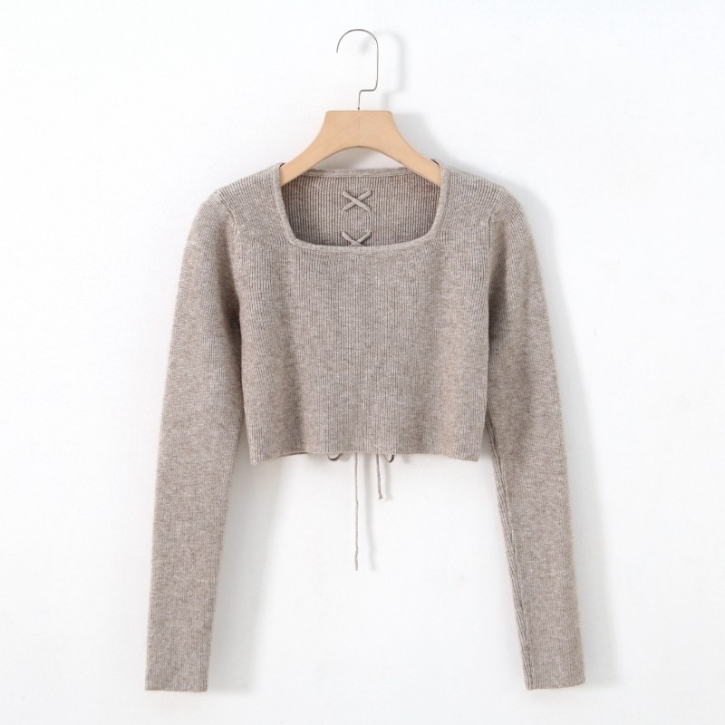 辣妹短款性感套头方领毛衣女抽绳绑带设计修身高腰打底针织衫上衣