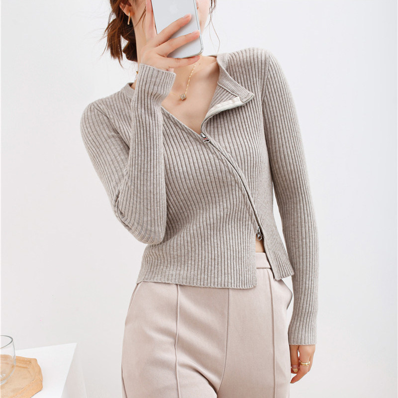 斜边双头拉链毛衣外套女修身打底
