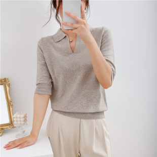 气质中袖 法式 新款 女2021秋装 T恤宽松薄上衣 复古V型翻领POLO针织衫