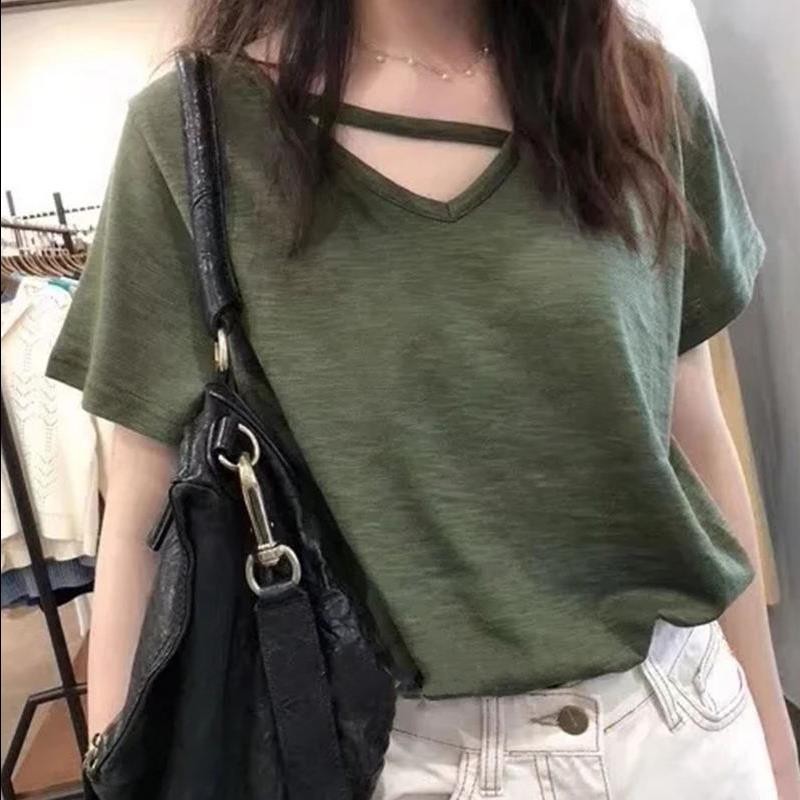 2020年新款夏季秋装竹节棉打底衫宽松v领短袖t恤女上衣超火ins潮