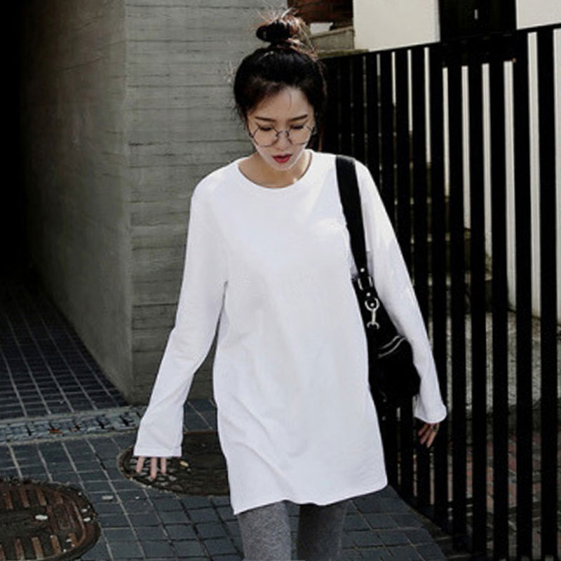 纯棉白色打底衫长袖春秋装冬季新款内搭t恤女中长款宽松上衣ins潮
