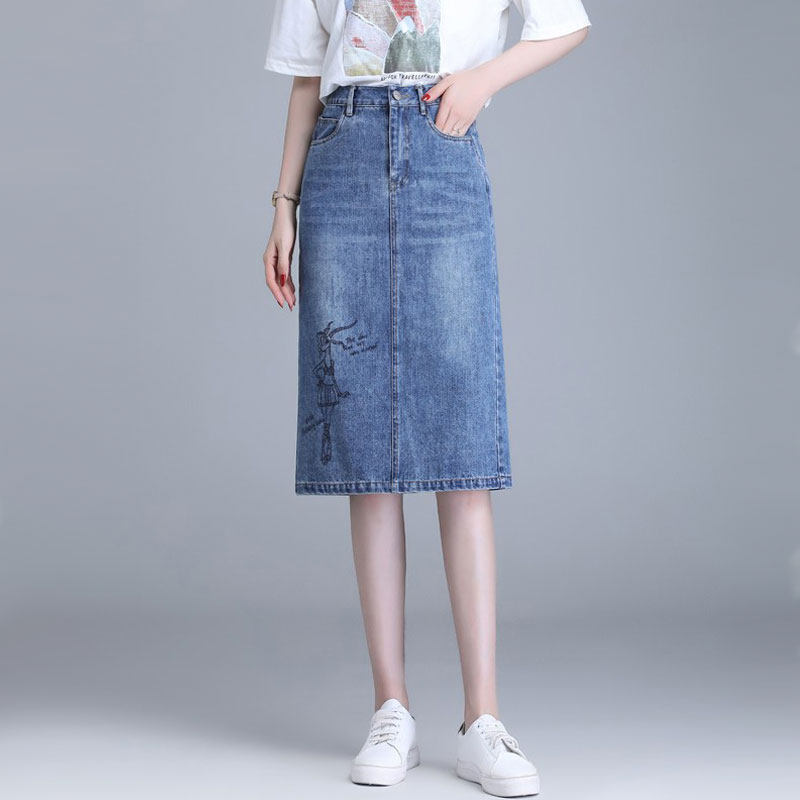 牛仔半身裙中长款女春夏2022新款高腰刺绣A字包臀裙开叉半截裙