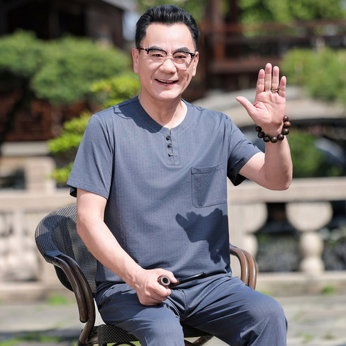 中老年爸爸夏季薄款短袖圆领套装