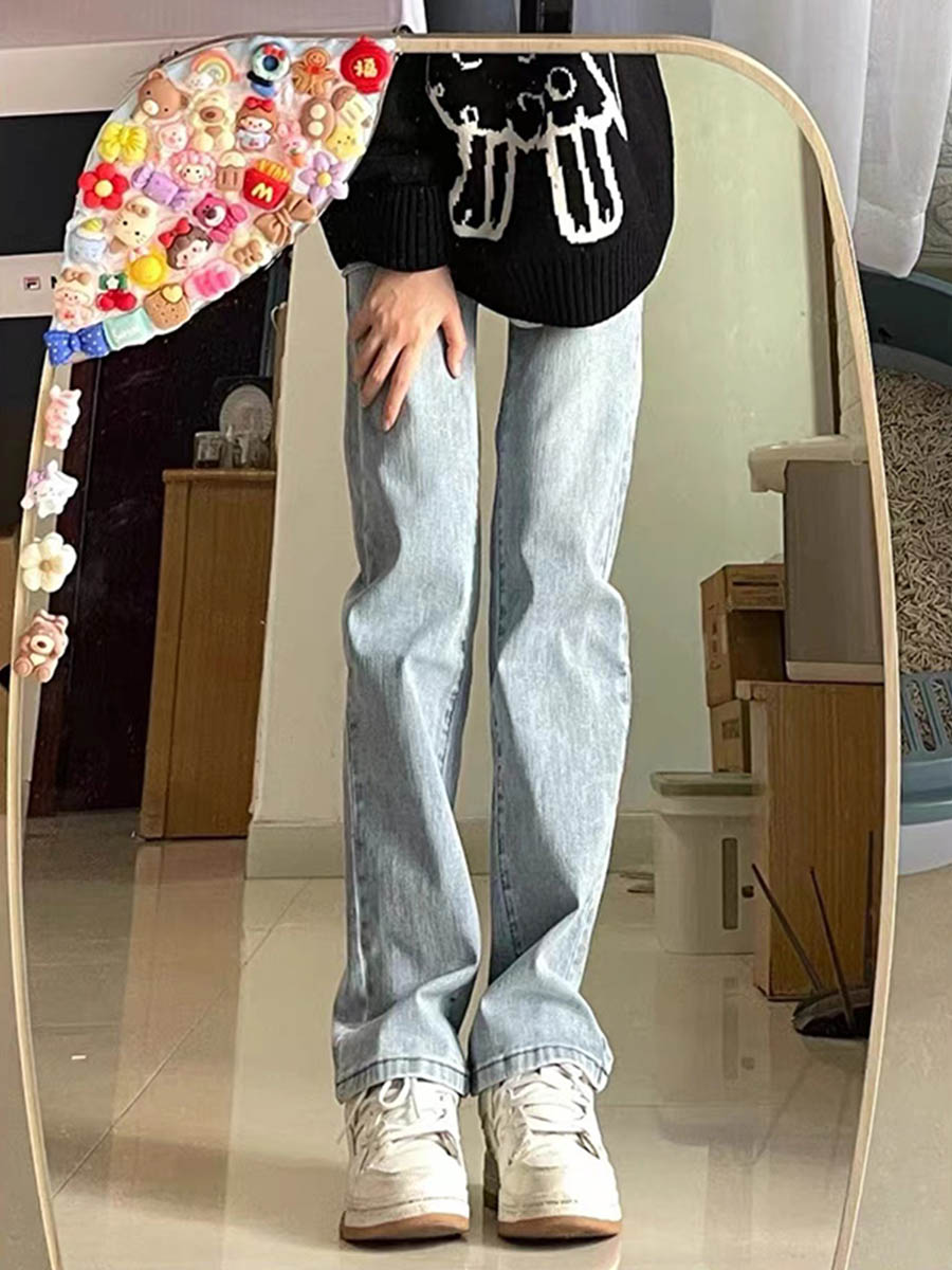 直筒浅蓝色牛仔裤女小个子高腰显瘦浅色垂感堆堆ulzzang拖地窄版