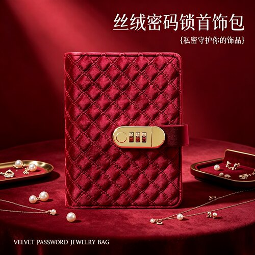 2026新款高定密码锁丝绒首饰收纳册轻奢黄金珠宝首饰收纳包礼物便携外出旅行手镯耳环项链手链戒指防氧化收纳