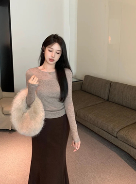 LUXUNXI 鹿寻溪紫色半透视薄款针织上衣女chic别致拼接打底衫春装