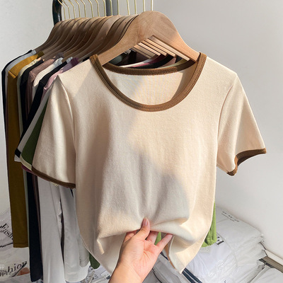 低圆领螺纹短袖T恤女夏修身显瘦短款纯棉半袖设计感小众针织上衣