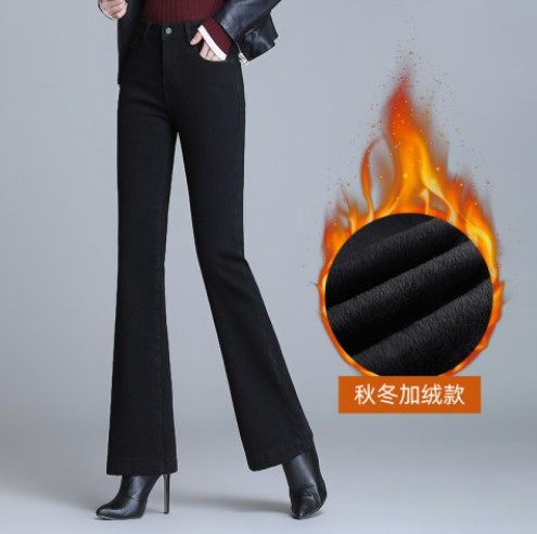 微喇牛仔长裤黑色加绒棉弹冬季