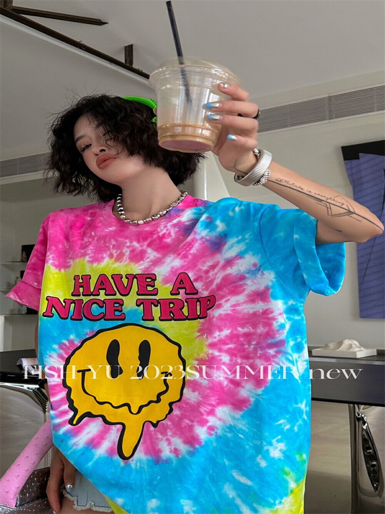 短袖通勤薄款扎染纯棉女装笑脸