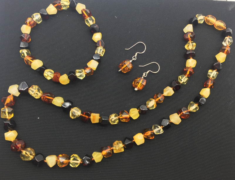 新款 波罗的海 天然琥珀 独特多宝切割面珠子 项链手链耳坠套装