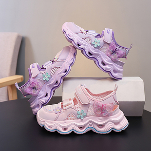 运动风女童凉鞋夏季新款包头防滑软底沙滩鞋旋钮扣儿童沙滩鞋