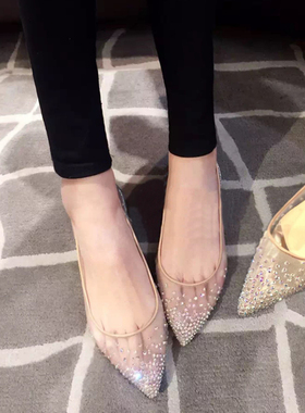 2026春新款平底网纱水钻尖头单鞋女百搭仙女风漆皮裸色水晶鞋婚鞋