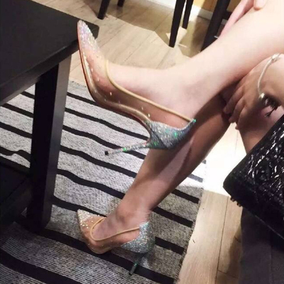 网纱水钻亮片尖头高跟单鞋水晶鞋