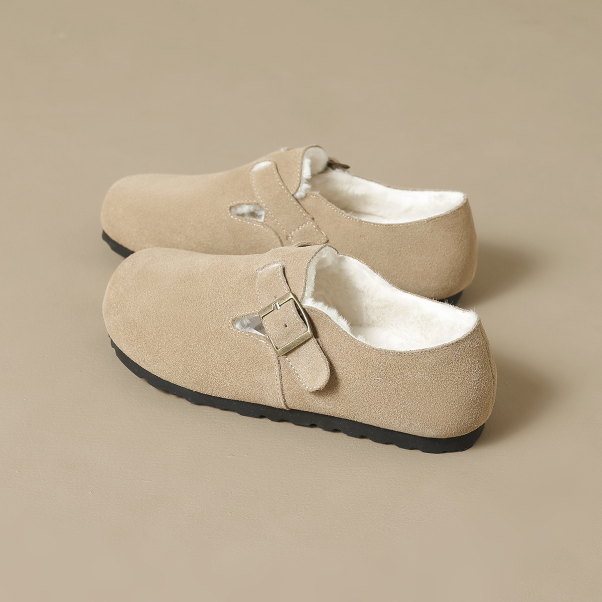 加绒勃肯鞋女平底一脚蹬真皮女鞋