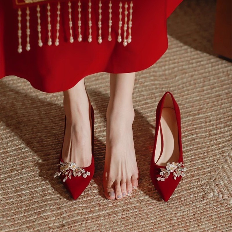 红色婚鞋女秀禾服两穿高跟新娘鞋