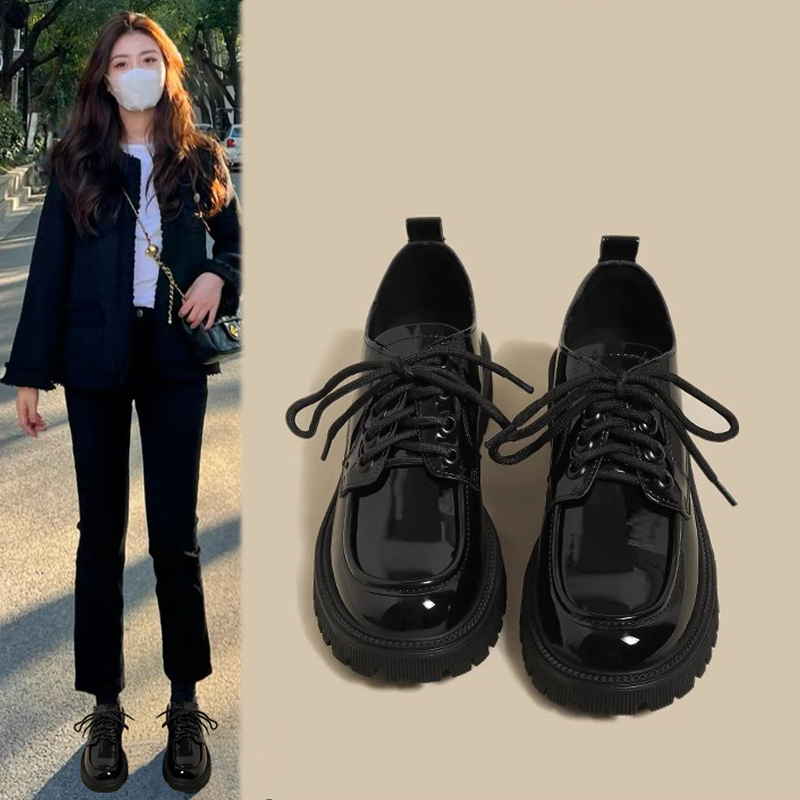 黑色厚底小皮鞋女一脚蹬玛丽珍鞋