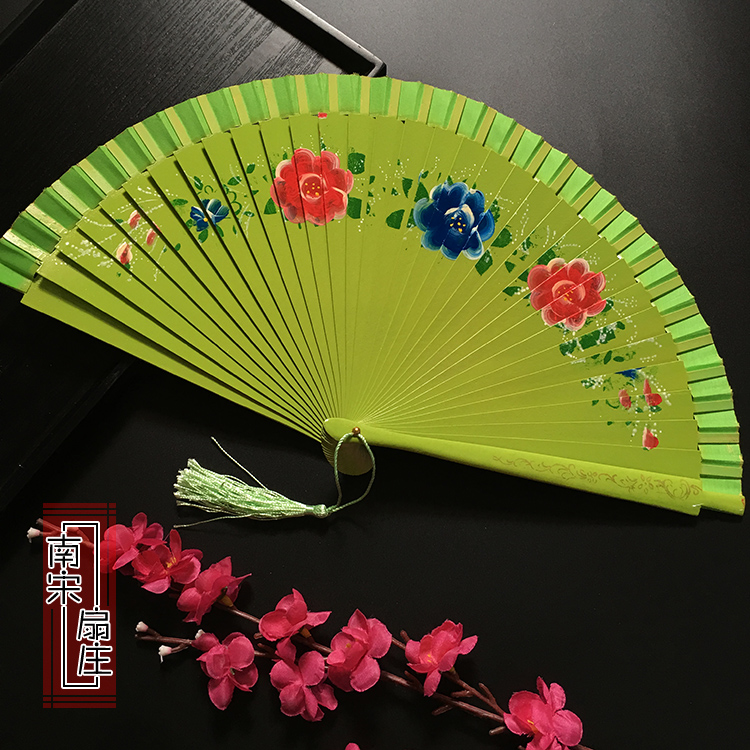 西班牙蕾丝舞蹈折扇子女士古典印花边芭蕾咏春扇绿黄蓝深蓝紫纯色
