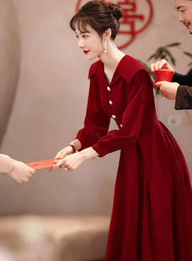 铂朗尼奥胖妹妹大码新娘结婚服敬酒服2022年秋冬新款胖mm酒红色长