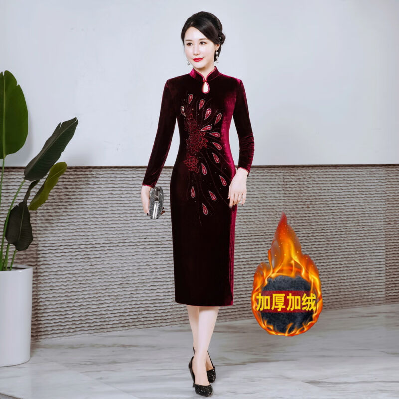 鸿韵绣旗袍复古妈妈中国风加绒秋冬新款改良金丝绒旗袍喜婆婆高档