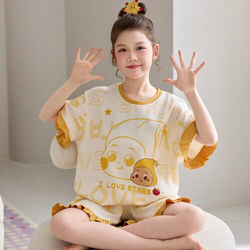 法国Anseola 女童睡衣夏季薄款儿童纯棉短袖卡通公主套装女孩学生