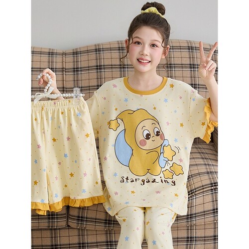 法国Anseola 儿童睡衣夏季新款女童纯棉短袖薄款三件套装卡通女孩