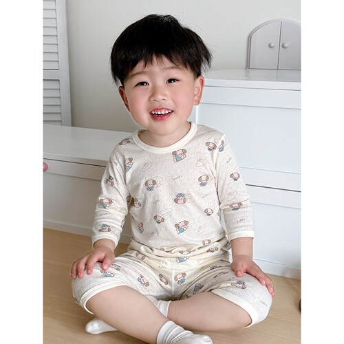 法国Anseola 宝宝睡衣夏薄款纯棉呼吸儿童家居服男童女孩7分空调