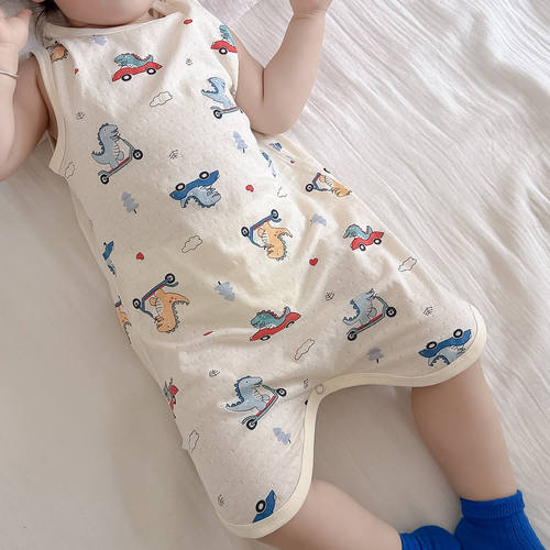 法国Anseola 新A夏季宝宝无袖连体睡衣卡通纯棉睡袋儿童防踢被