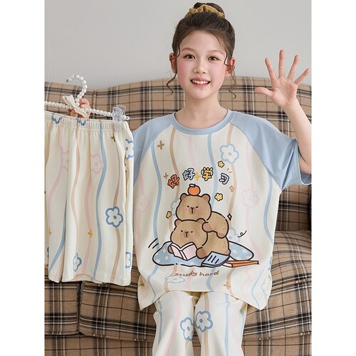 法国Anseola 夏天睡衣儿童女童纯棉短袖长裤卡通薄款女孩初中生