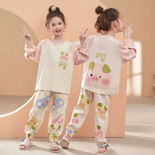 法国Anseola 儿童睡衣女童春秋季长袖束口长裤纯棉套装小女孩卡通